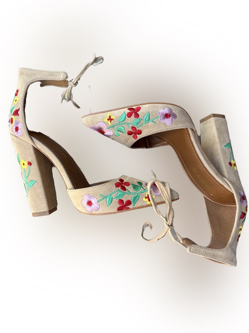 Shoe Republic LA Beige Suede Floral Embroidered Block Heel Sandals